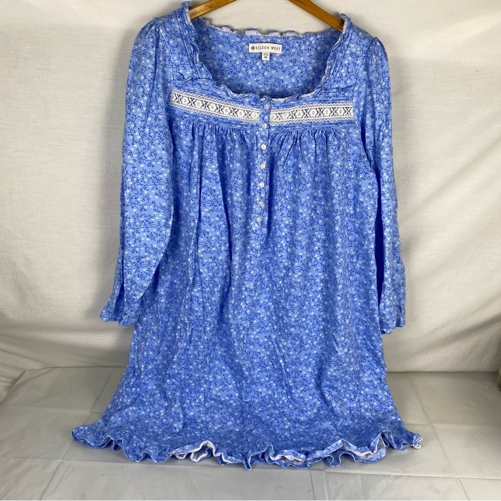 Eileen West Blue and White Pajama Dress size medium women’s EUC 100% cotton
